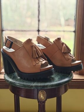 Dr. Martens "SARAPHINA" Tan Tassel Slingback Platform Heels with Black Lug Sole